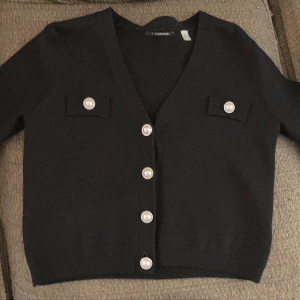 T Tahari Black Sweater with Pearl Buttons